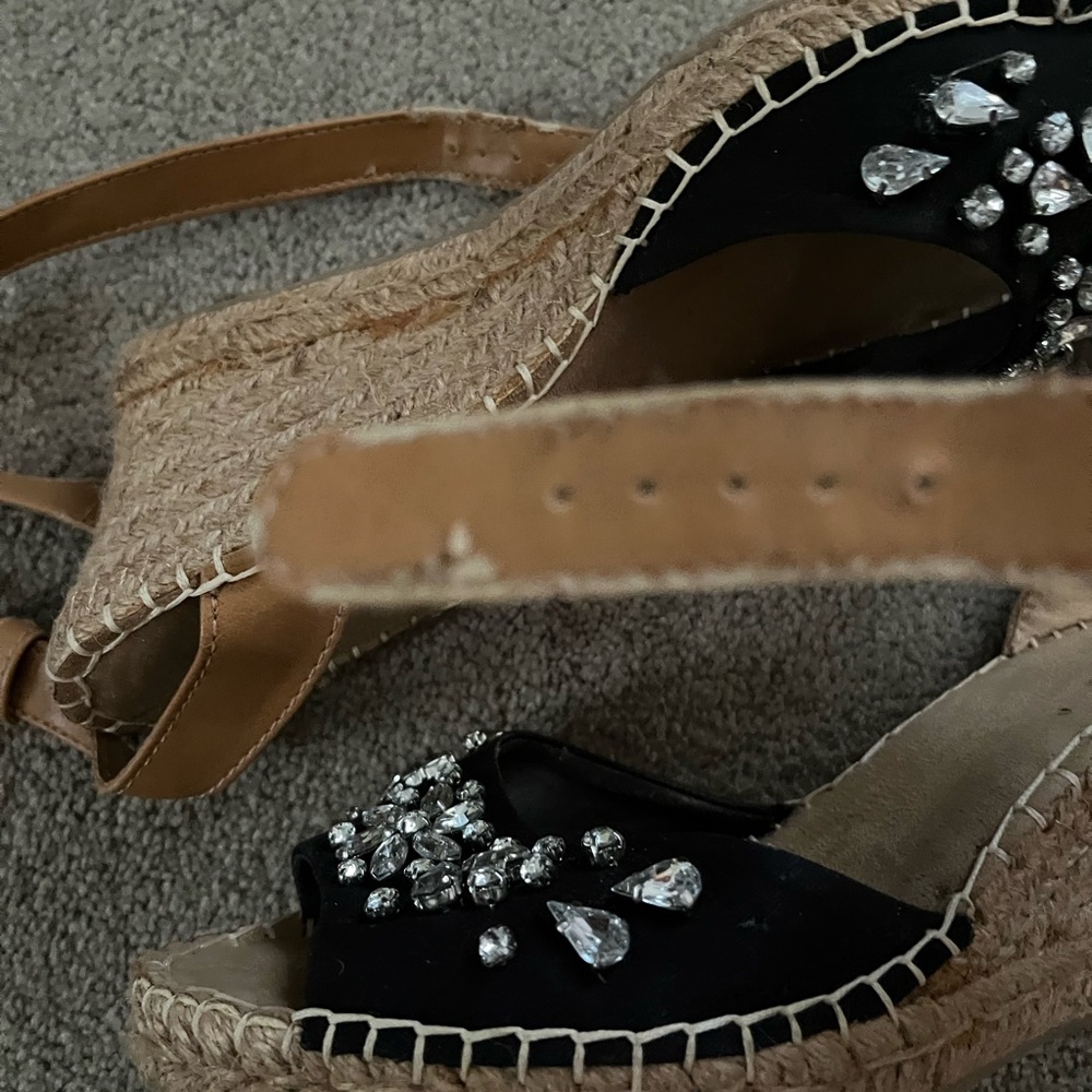 Black Canvas Jeweled Wedge Sandals - Picture 9 of 10